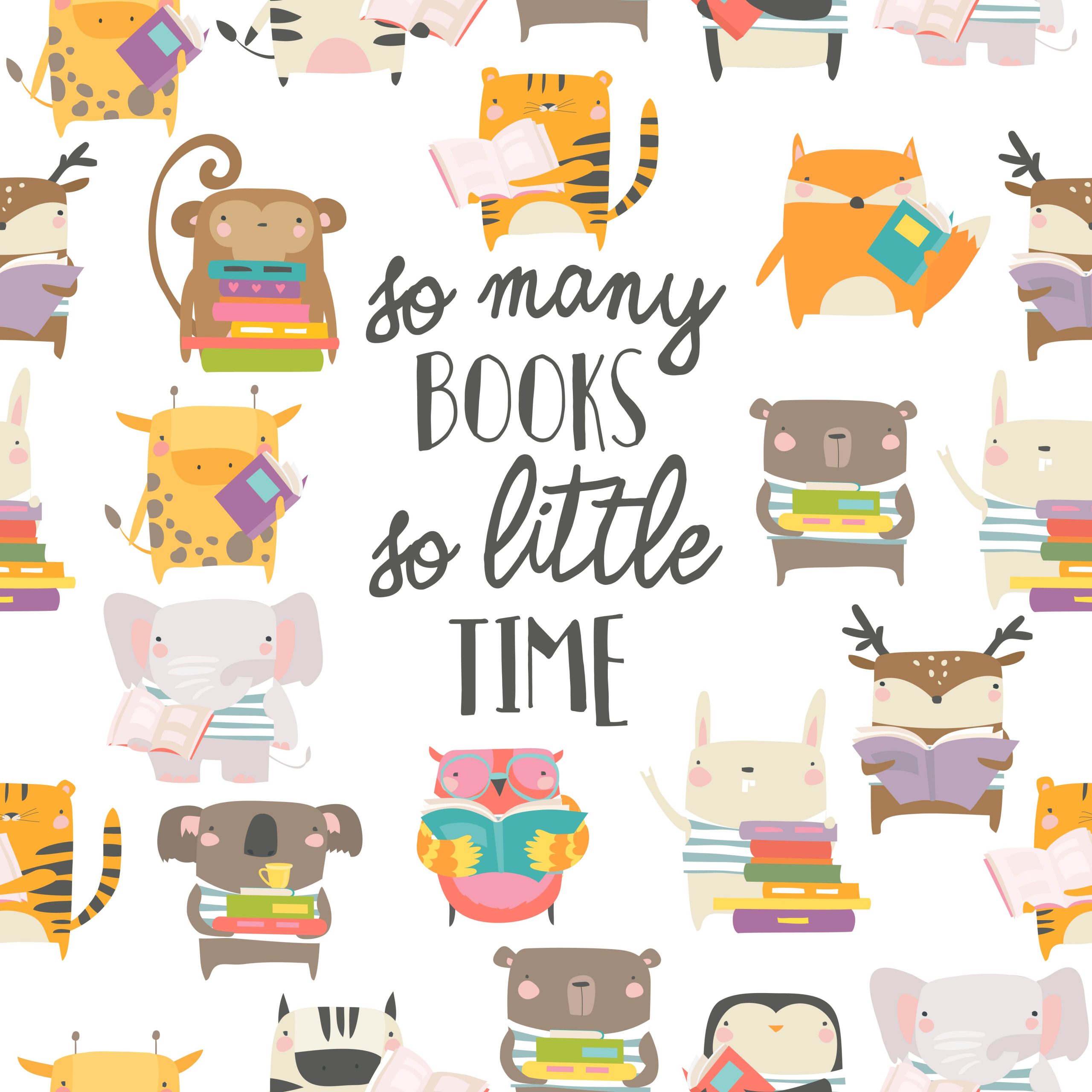 Vector seamless pattern with cute animals reading books on white background